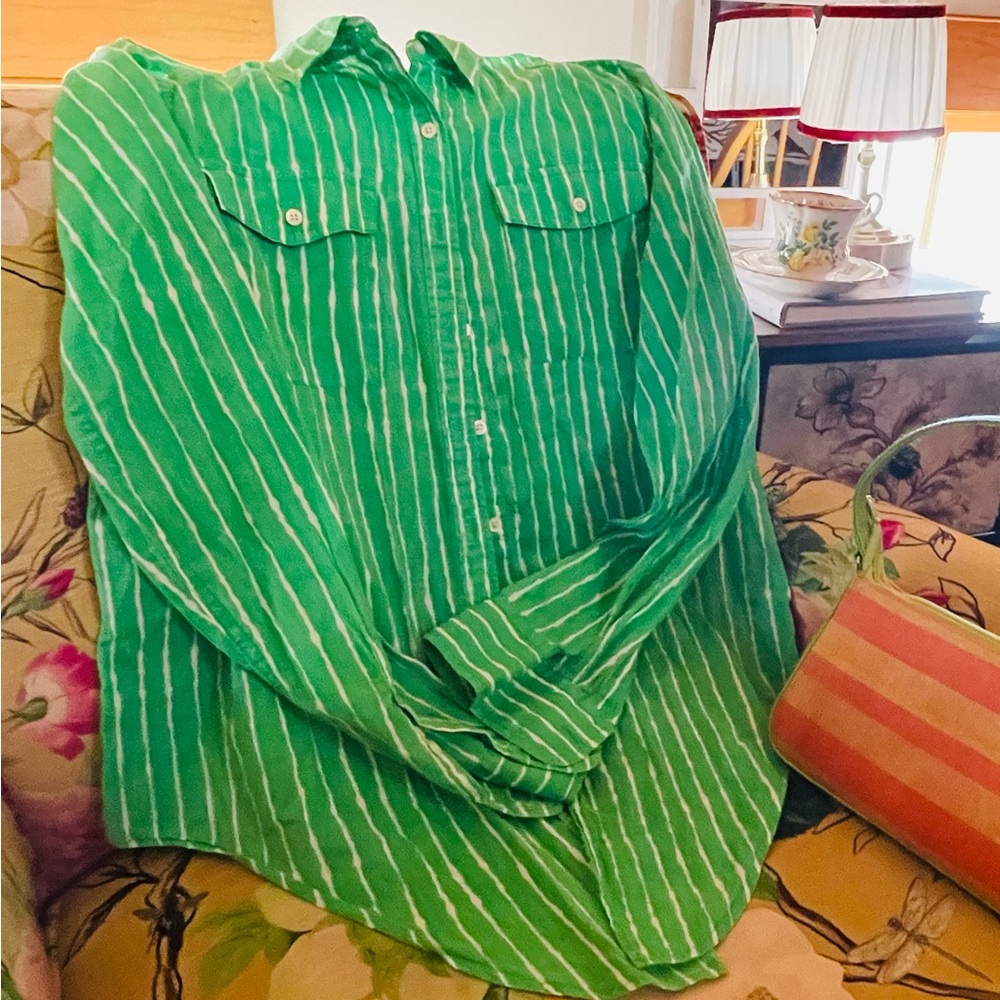 Lauren by Ralph Lauren Light Cotton Green-Striped Button-Up Shirt